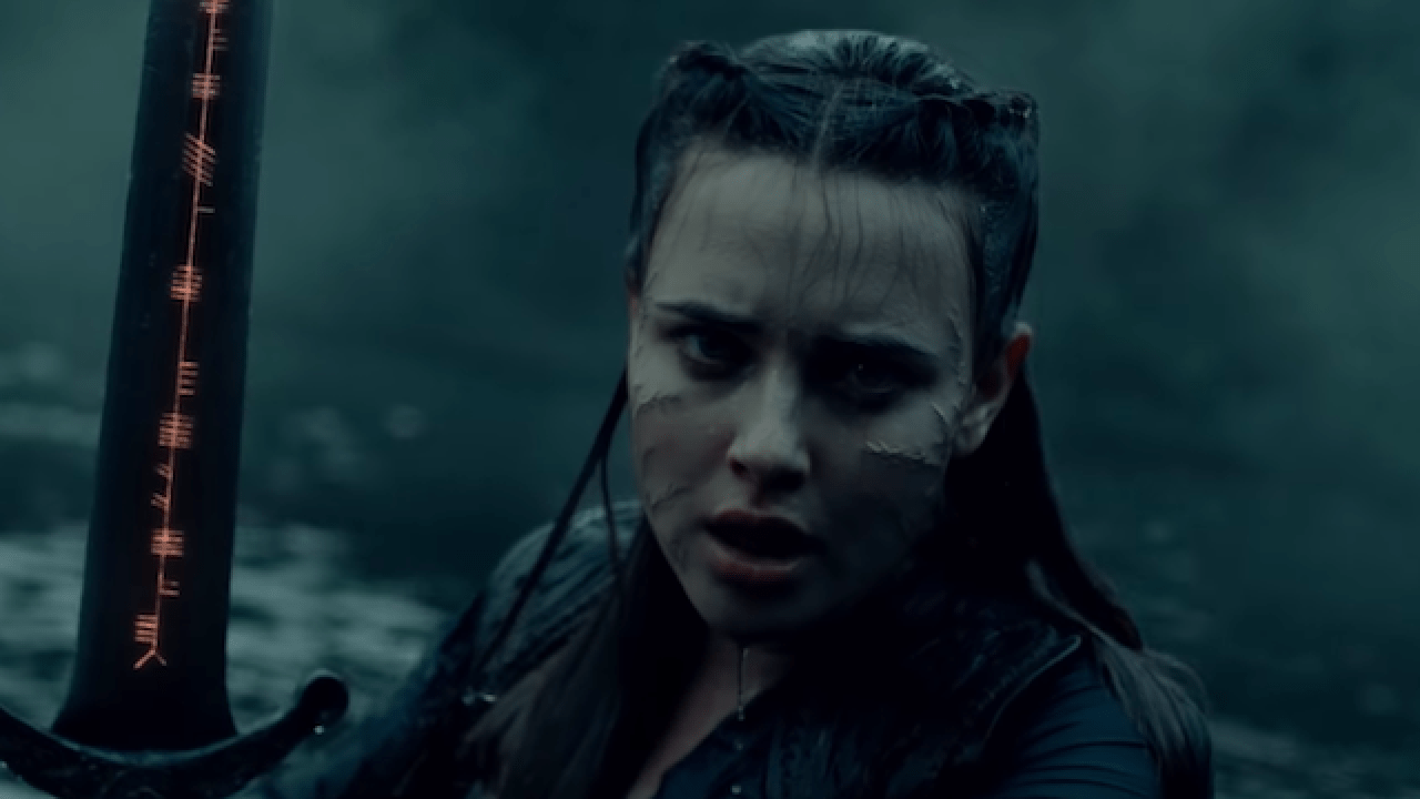 Katherine Langford as Nimue, the sword-swinging hero at the center of the old-time tale.
